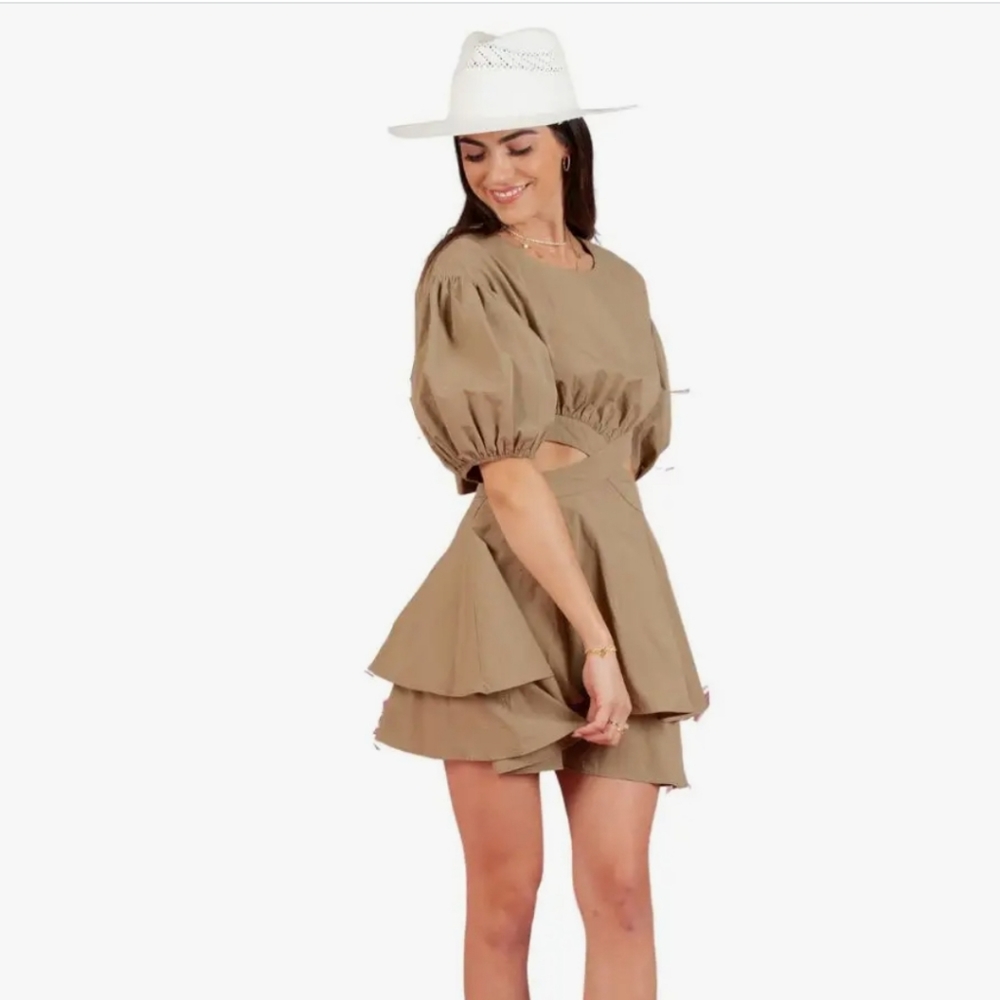 Nwt VICI Puff Sleeve Mini Cutout Dress small 4 olive green - Picture 9 of 13